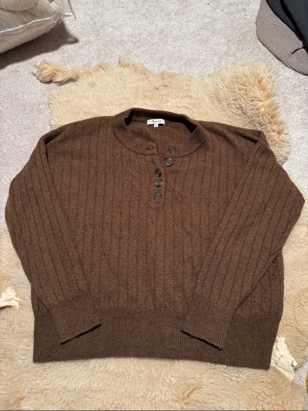 Madewell Women's Brown Ribbed Crewneck Henley Sweater